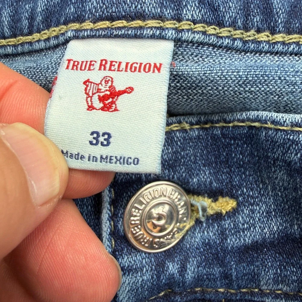 True Religion Rocco Jeans 33x34 Blue Relaxed Skinny Wave Runner Denim Flaps
